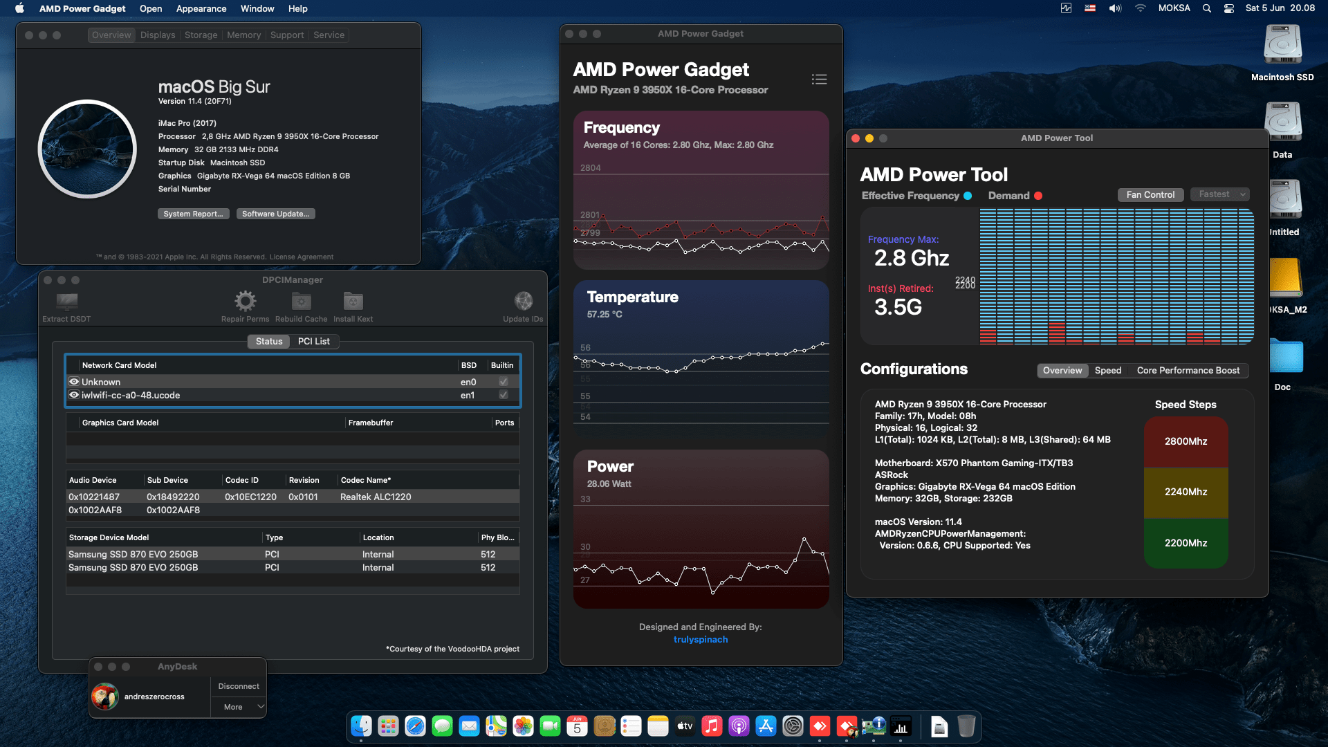 Success Hackintosh macOS Big Sur 11.4 Build 20F71 in Asrock X570 Phantom Gaming ITX/TB3 + AMD Ryzen 9 3950X + Gigabyte Vega 64